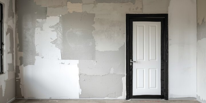 Wall under renovation with white silicone plaster and black foil taped window and door