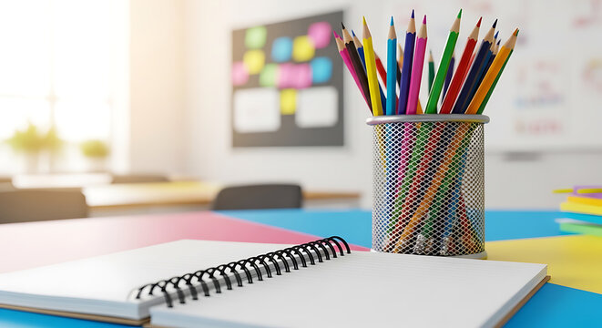 Colorful pencils in a metal mesh holder with an open notebook on a desk in a bright classroom setting for educational and creative projects