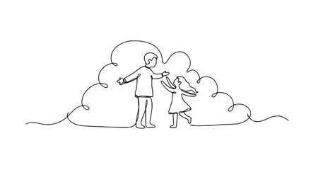 Father and Daughter Hugging, Single Line Drawing, Clouds Background
