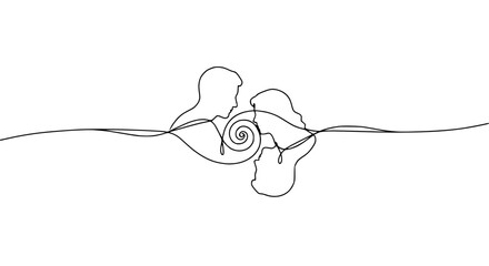 Fototapeta premium Continuous Line Art Couple Silhouette Embracing with Swirl Heart Detail