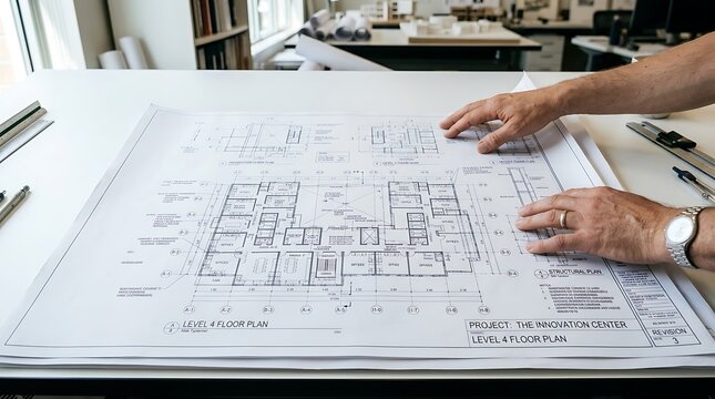 Architect reviewing detailed blueprint floor plan on desk with architect blueprint architecture construction professional