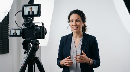 Obraz premium Professional Interview Setup: A woman in a business suit smiles confidently as she faces a professional video camera on a tripod, ready for an interview or presentation in a studio setting.