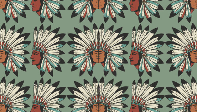 Traditional Native American seamless pattern showing profiles of chiefs with feather headdresses on green.