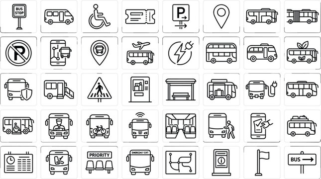 Public bus transportation vector line icons set including terminal station ticket route schedule passenger wheelchair navigation and parking symbols