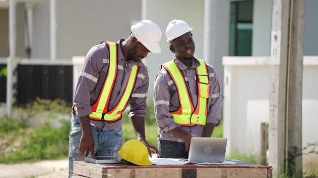 Two African construction worker wearing helmet and safety vest work on home building plan pointing hand at residential house real estate project site with laptop