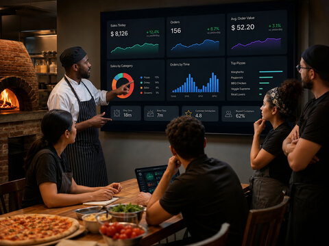 Restaurant staff reviewing pizza sales analytics on a digital display