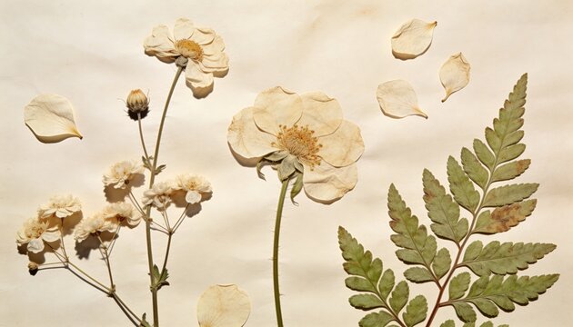 Pressed botanical flowers and dried leaves arranged in a delicate flat lay on textured paper, nostalgic muted beige palette, herbarium and craft concept