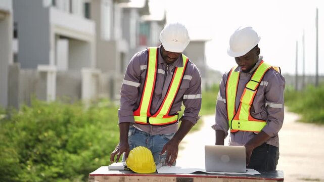 Male engineer and construction worker in safety vest and helmet review home building blueprint on laptop at residential real estate project site for infrastructure development