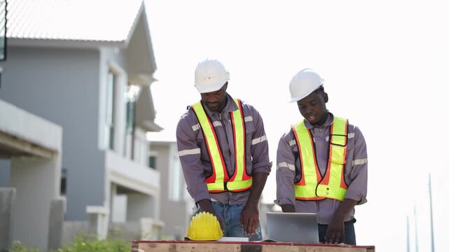 African contractor and builder discuss architectural blueprint layout using laptop computer at residential house building property development area construction site