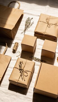 Clean minimal flat lay of kraft paper bags, folded brown wrapping paper and small cardboard boxes with dried herb sprigs and twine, sustainable packaging concept