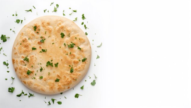 Freshly Baked Flatbread Topped with Chopped Herbs on White Background