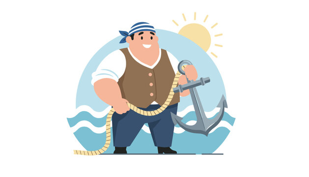 Strong sailor character holding a large anchor and thick rope against a backdrop of ocean waves and a bright sun.