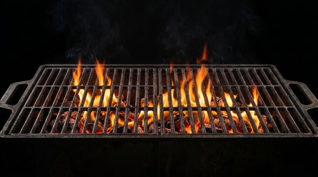 Empty portable charcoal barbecue grill glowing with blazing flames and hot embers, outdoor cooking concept