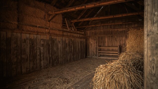 Empty Rustic Barn Interior with Straw Bales and Wooden Walls in Warm Light