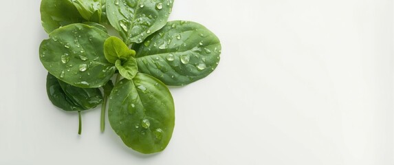 Obraz premium Fresh Green Leaves with Water Droplets Isolated on White Background