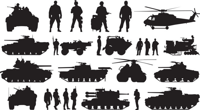 Military silhouette set featuring soldiers, tanks, helicopters, armored vehicles, and equipment, bold black vector graphics isolated on white