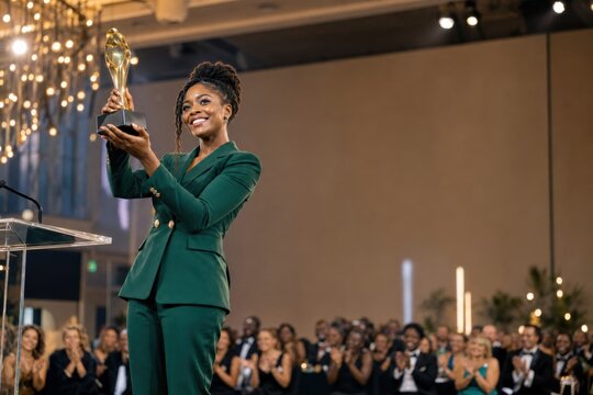 Smiling woman holding trophy on stage during award ceremony with applauding audience