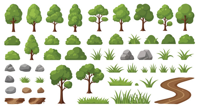 Flat cartoon nature elements set, green forest trees and bushes collection, garden landscape vegetation with grass and rocks vector