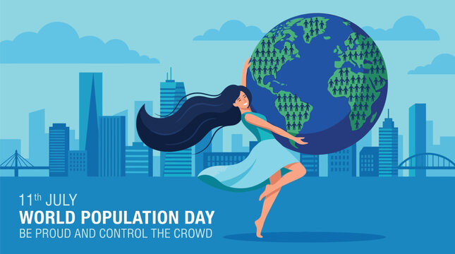 A joyful woman with long flowing dark hair gracefully carries a massive blue globe decorated with many tiny human silhouettes in this vibrant flat vector illustration for world population day.