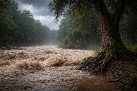 Raging River Flowing Through Lush Forest Under Dark Rainy Skies
