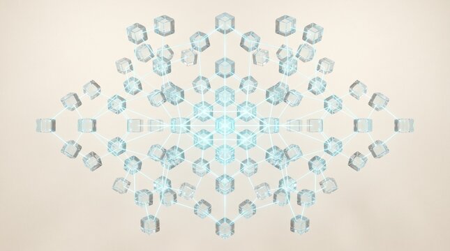 An intricate network of clear glass cubes interconnected by glowing cyan lines arrayed symmetrically over a warm beige background.