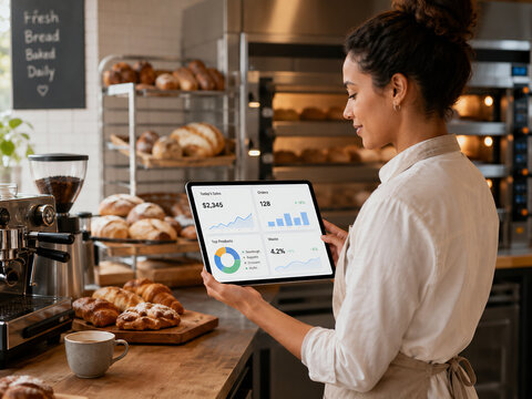 Bakery owner using digital tablet for business analytics and sales management