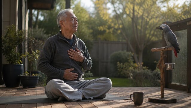 Elderly Asian man practices mindful meditation on wooden terrace beside pet parrot. Morning sunlight creates peaceful atmosphere for healthy aging. Ideal for wellness and retirement content.