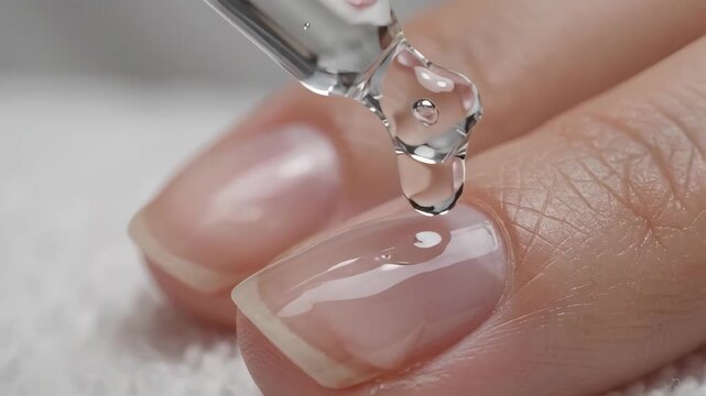 Macro shot of a glass dropper applying clear cuticle oil to a manicured fingernail. Glistening droplet falling onto a clean nail bed. Beauty and nail care routine