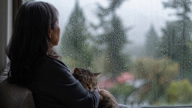 Woman holds sleeping cat while looking out rainy window. Peaceful melancholic mood of solitude and companionship. Use for mental health or pet care themes.