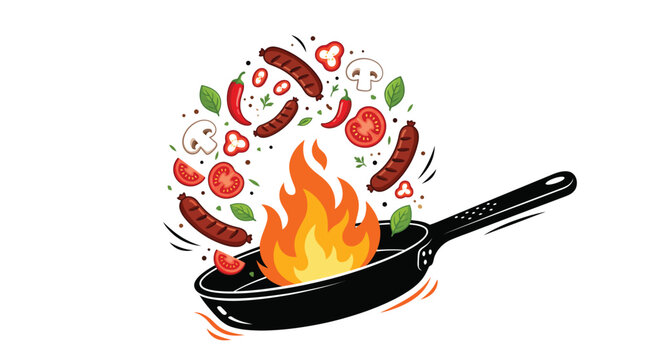 Fresh sausages and chopped vegetables are tossed together in a black frying pan with flames