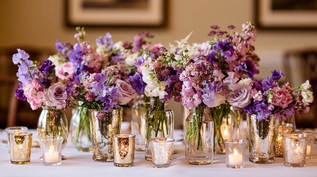 Elegant floral centerpieces with purple and pink flowers in glass vases on white tabletop.