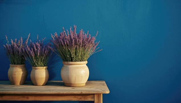 Purple lavender in ceramic pots displayed on wooden table with bold blue wall creating colorful outdoor setting
