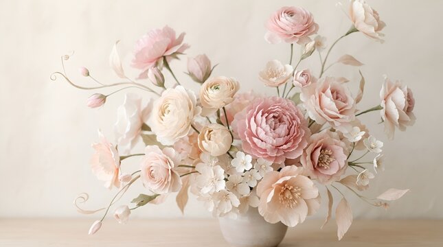 A delicate bouquet of soft pink and cream colored ranunculus flowers arranged in a simple white ceramic vase on a light wooden surface