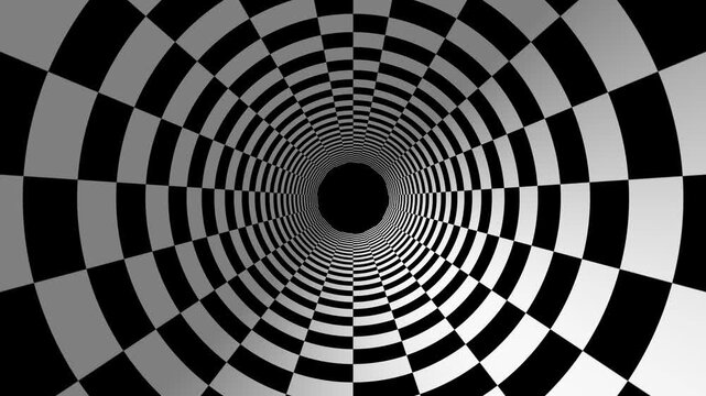 Hypnotic colorful circle checkered geometric vortex portal zoom animation with seamless motion graphics loop background