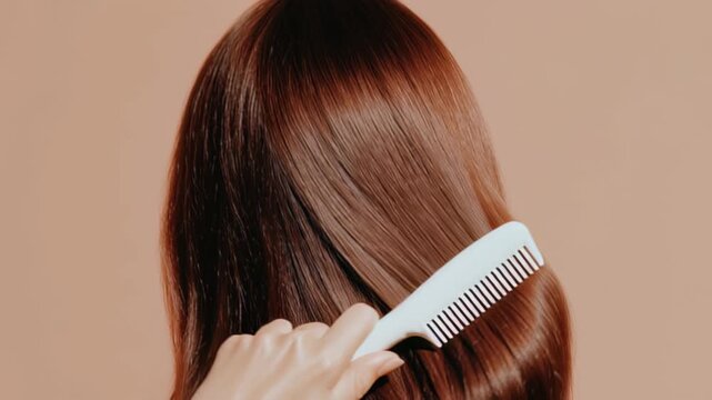 Brushing long brown hair with comb against neutral background