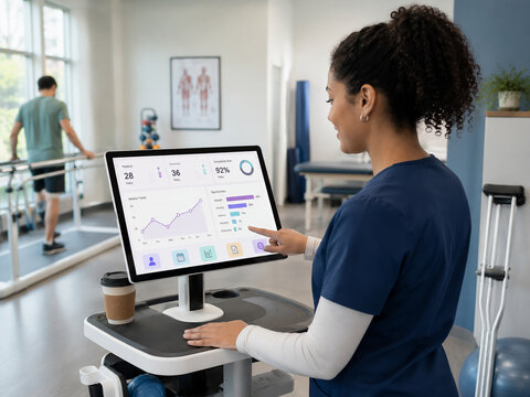 Physical therapist reviewing patient rehabilitation progress on a digital medical monitor