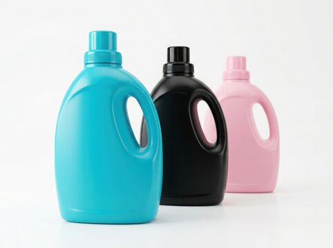 Three colorful plastic laundry detergent bottles in blue black and pink standing in a row for cleaning supplies and housework isolated on white background