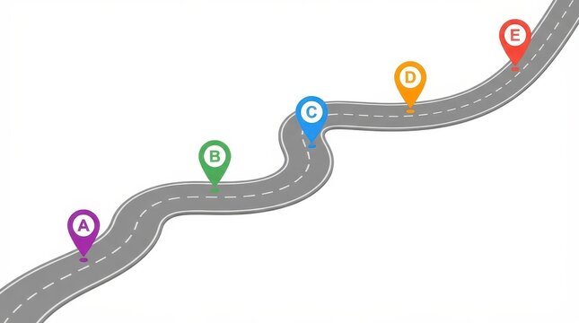 Winding road with labeled location pins a to e