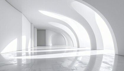 Fototapeta premium Futuristic White Hallway with Arched Windows and Sunlight.