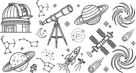 Astronomy space vector line art icon set with telescope observatory rocket satellite saturn planet galaxy and constellation doodle © MDSAIFUL