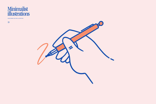 Human hand holding a pen and drawing a line, symbolizing writing, signing, creativity, communication, and education. Minimalist line vector illustration for apps, branding, and web design.