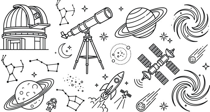 Astronomy space vector line art icon set with telescope observatory rocket satellite saturn planet galaxy and constellation doodle