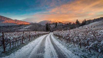 Obraz premium Winter Vineyard Pathway Between Snow-Covered Grapevines with Mountain Sunset Glow