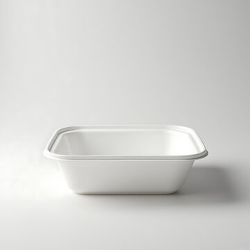 Plain white disposable takeout container displayed in a clean studio setting for packaging photography.