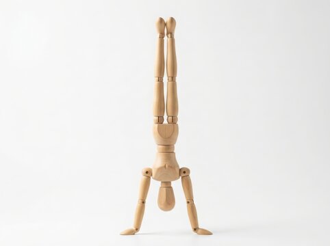 Wooden mannequin figurine performing a handstand pose isolated on white background