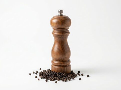 Wooden pepper grinder mill with a pile of black peppercorns for seasoning food in the kitchen isolated on white background