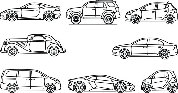 Car vector icon set with sedan suv sports vehicle vintage classic automobile supercar minivan and compact electric transport