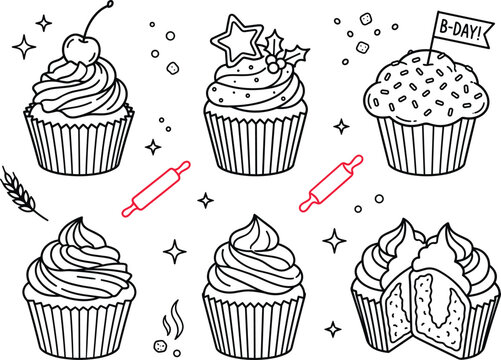 Cupcake coloring page vector set with delicious muffins sweet birthday cakes line art illustration for baking recipe book