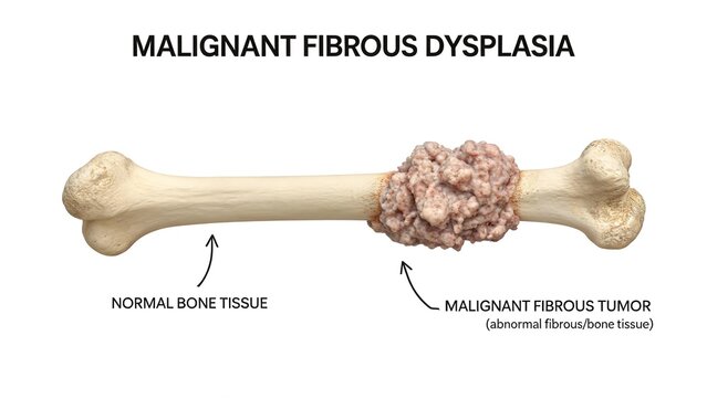 Labeled 3D medical illustration of malignant fibrous dysplasia on human femur bone, comparison of normal bone tissue and abnormal malignant fibrous tumor mass, clean white background orthopedic pathol