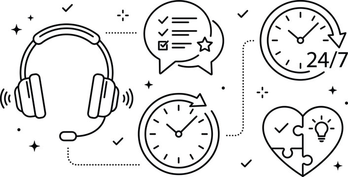 Customer support service vector line icon set with headphones clock chat bubbles and heart puzzle for hotline assistant